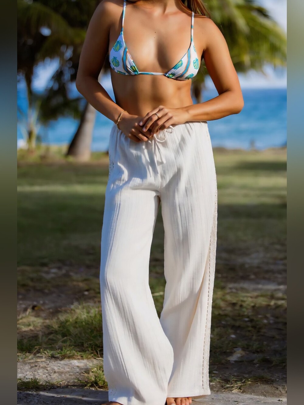 Sexy Wide Leg Lace Sides Linen-like Gauze Texture Beach Pants Women's Size L